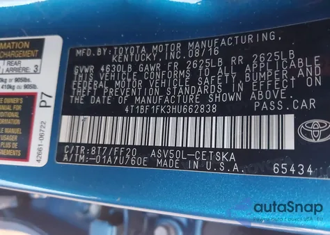 2017 Toyota Camry Se from USA, damaged, VIN 4T1BF1FK3HU662838